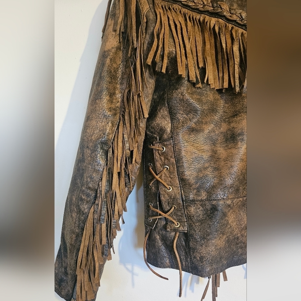 Vintage Western Fringe Real Leather Jacket Brown Distressed Boho Biker Cowgirl - Picture 7 of 16